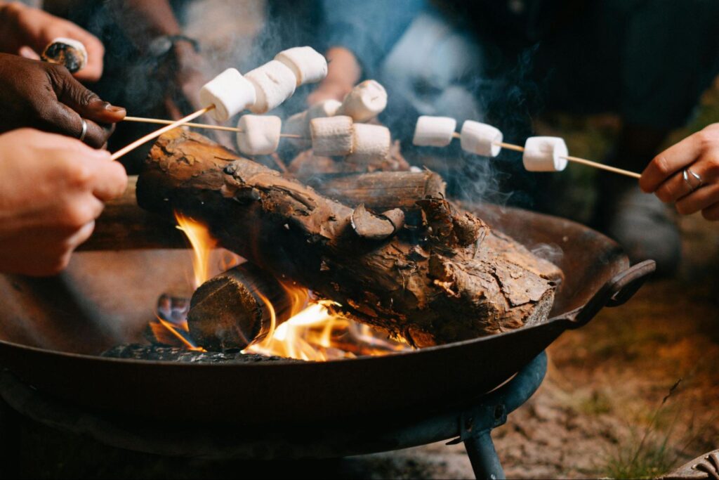 People roasting marshmallows over a fire pit 