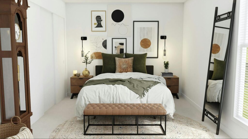 An eclectic bedroom with large bed and bench