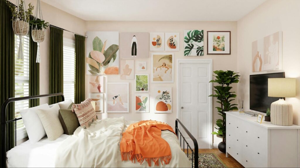 An eclectic small bedroom with a big bed and art on the wall behind