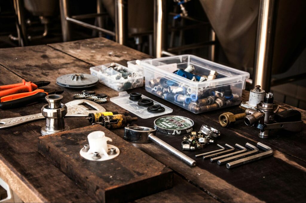 Plumbing instruments on a wooden table