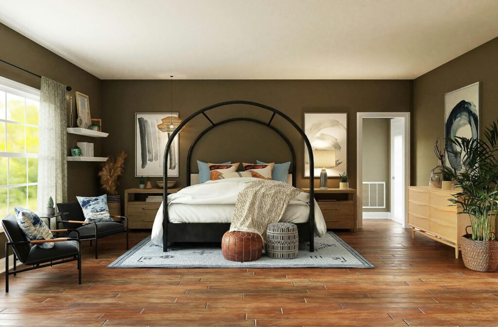 An interesting master bedroom with a huge bed as a focal point