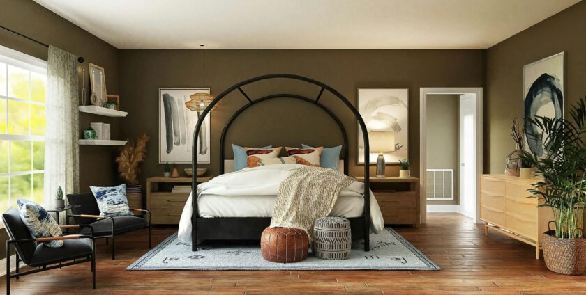 An interesting master bedroom with a huge bed as a focal point