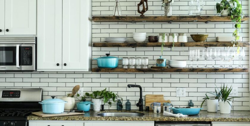 Modern kitchen with open shelving and vintage and rustic elements