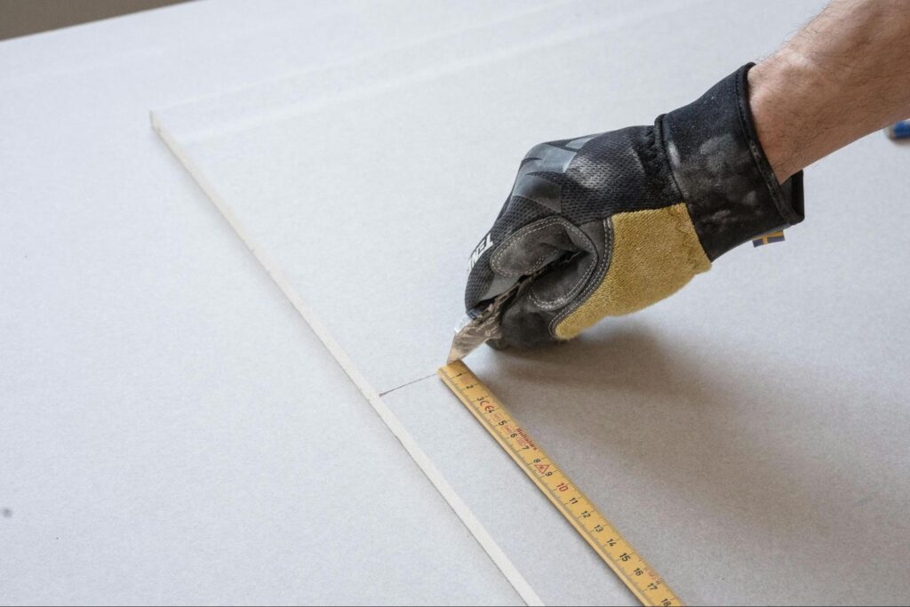 a person measuring length before cutting materials for partition wall