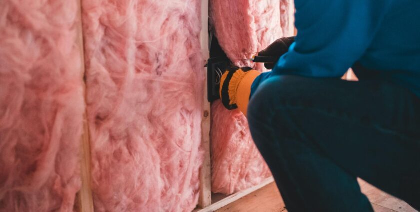 Construction worker insulating a wall